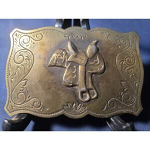 Brass Western Sadle Belt Buckle Vintage Horse Patina Ornate Scroll & Rope Edge